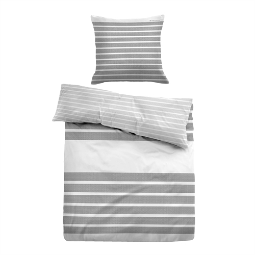 Grårandiga sängkläder 150x210 cm - Mjuk bomullssatin - Grått och vitt bäddset - Vändbar design - Tom Tailor