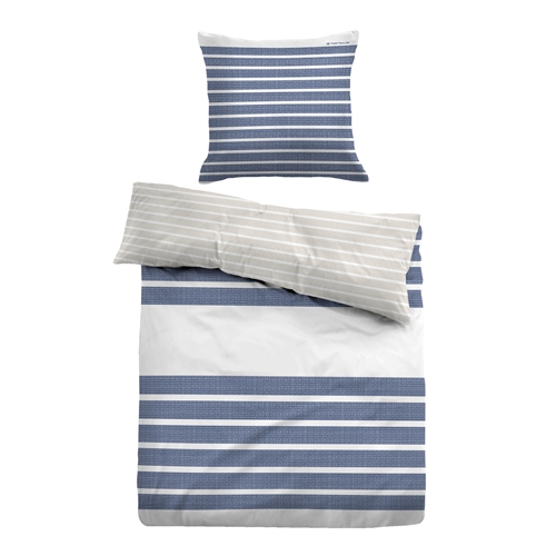 Blårandiga sängkläder 150x210 cm - Mjuk bomullssatin - Blått och vitt bäddset - Vändbar design - Tom Tailor