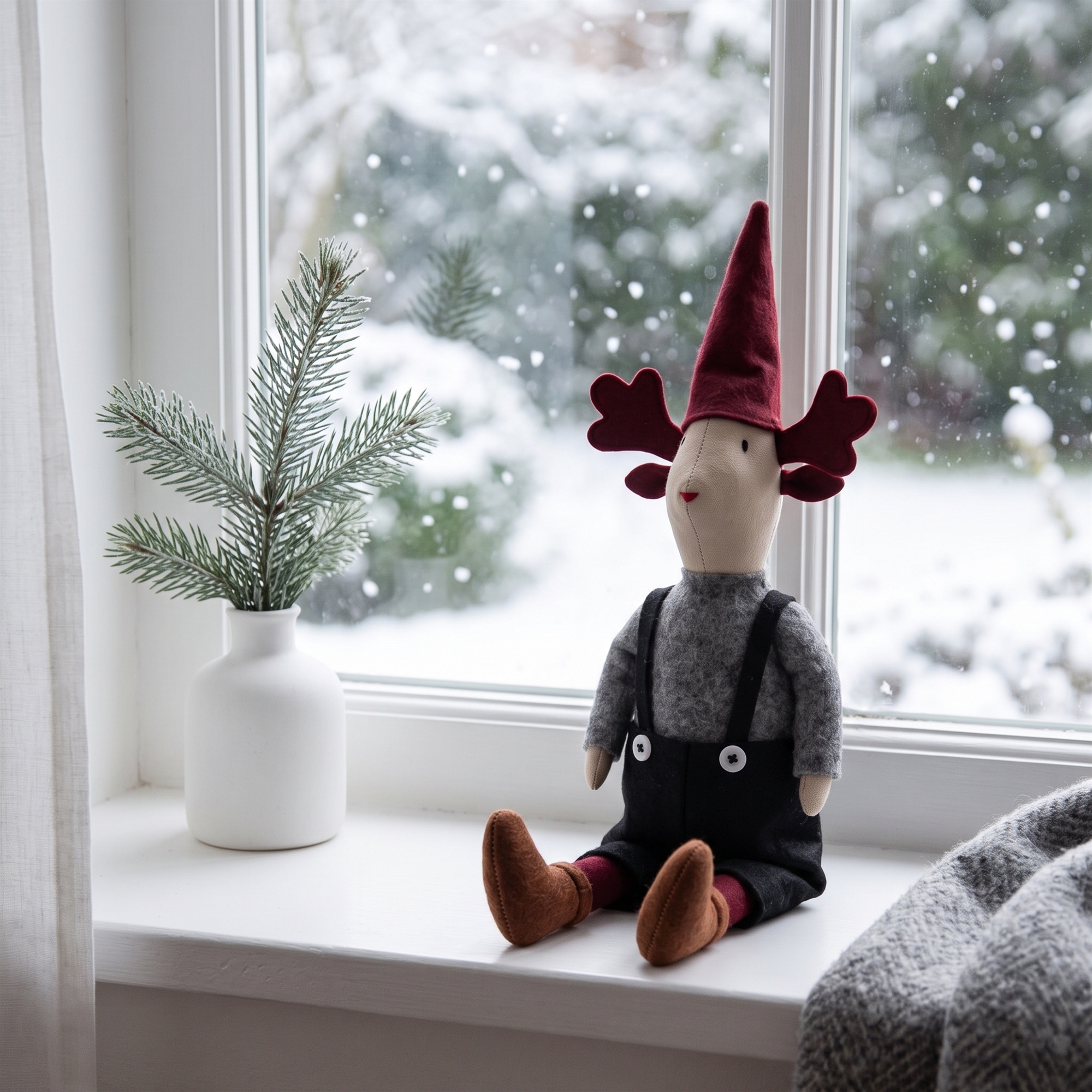 Julnisse 45 cm sittande rensdyrpojke i mjuk filt