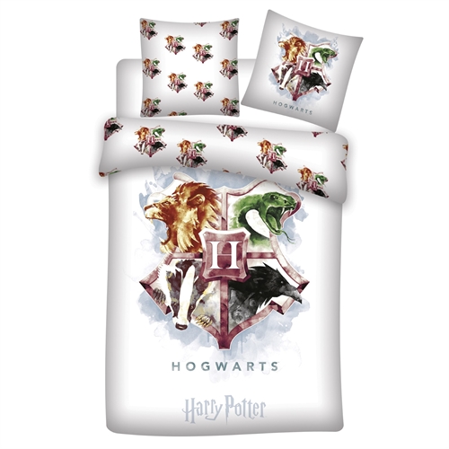 Harry Potter sengetøy av flanell - 140x200 cm - Vakkert motiv av Hogwarts våpenskjold - Vendbart sengesett - Dynetrekk i 100% bomull