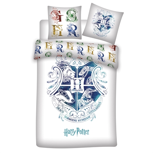 Harry Potter sengetøy av flanell - 140x200 cm - Blått Hogwarts våpenskjold - Vendbart dynebetræk - 100% bomull sengesett