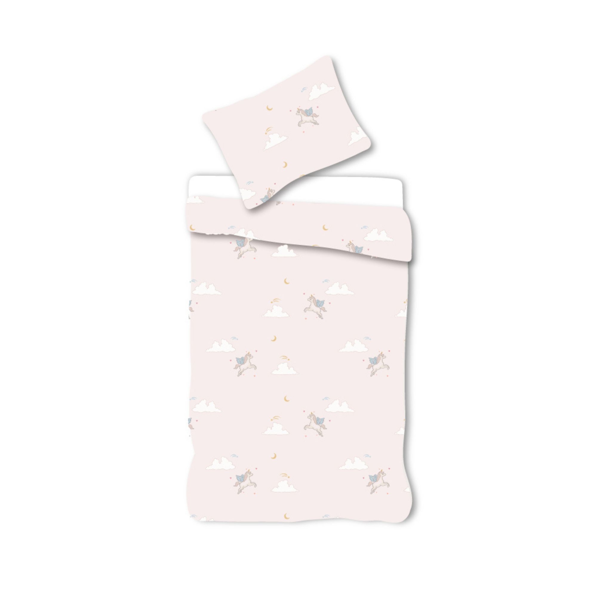 Baby sängkläder 70x100 cm - Ljusrosa sängset med enhörningar och moln - 100% mjukt bomullssänglinne