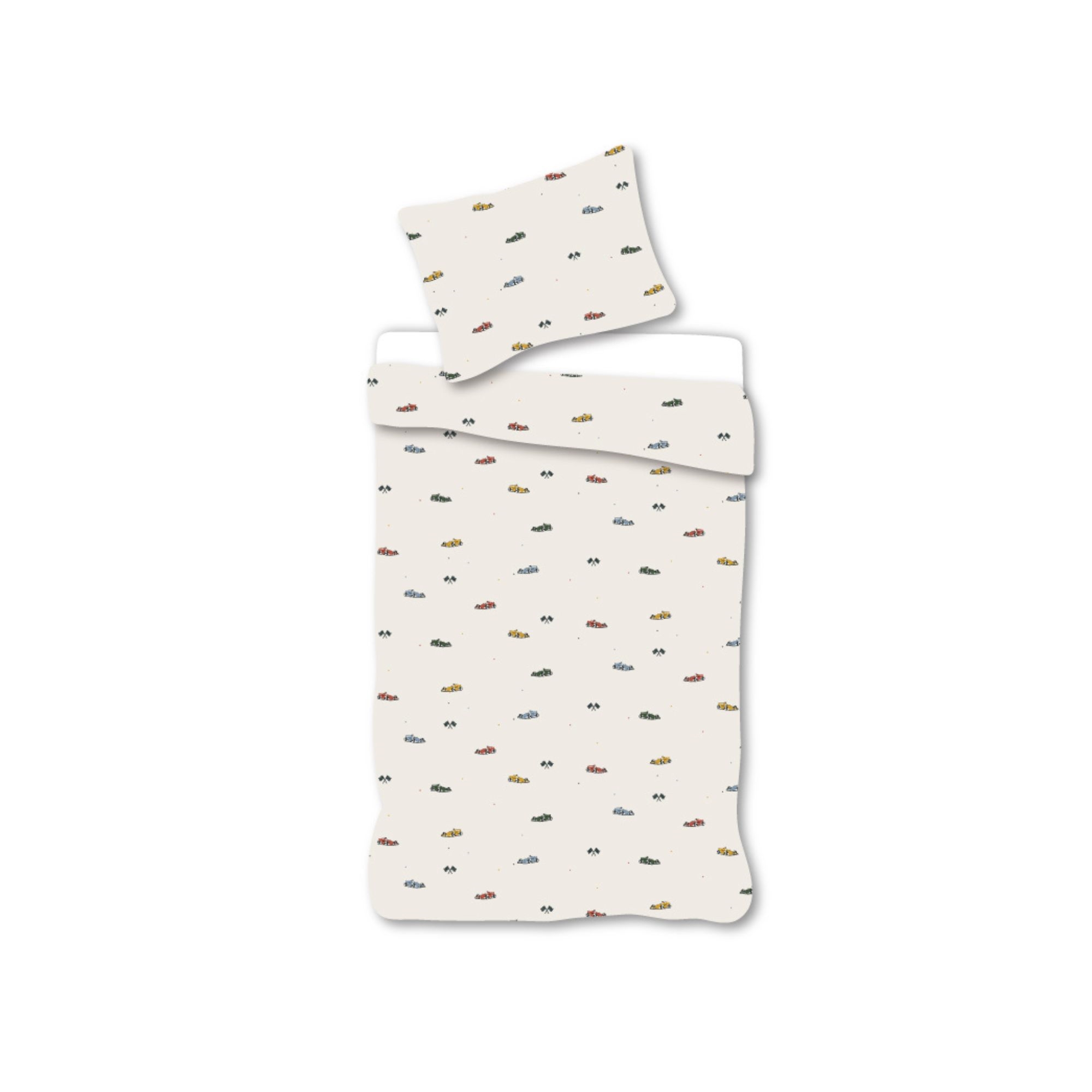 Baby sängkläder 70x100 cm - Beige sängset med racerbilar - 100% mjukt bomullssänglinne