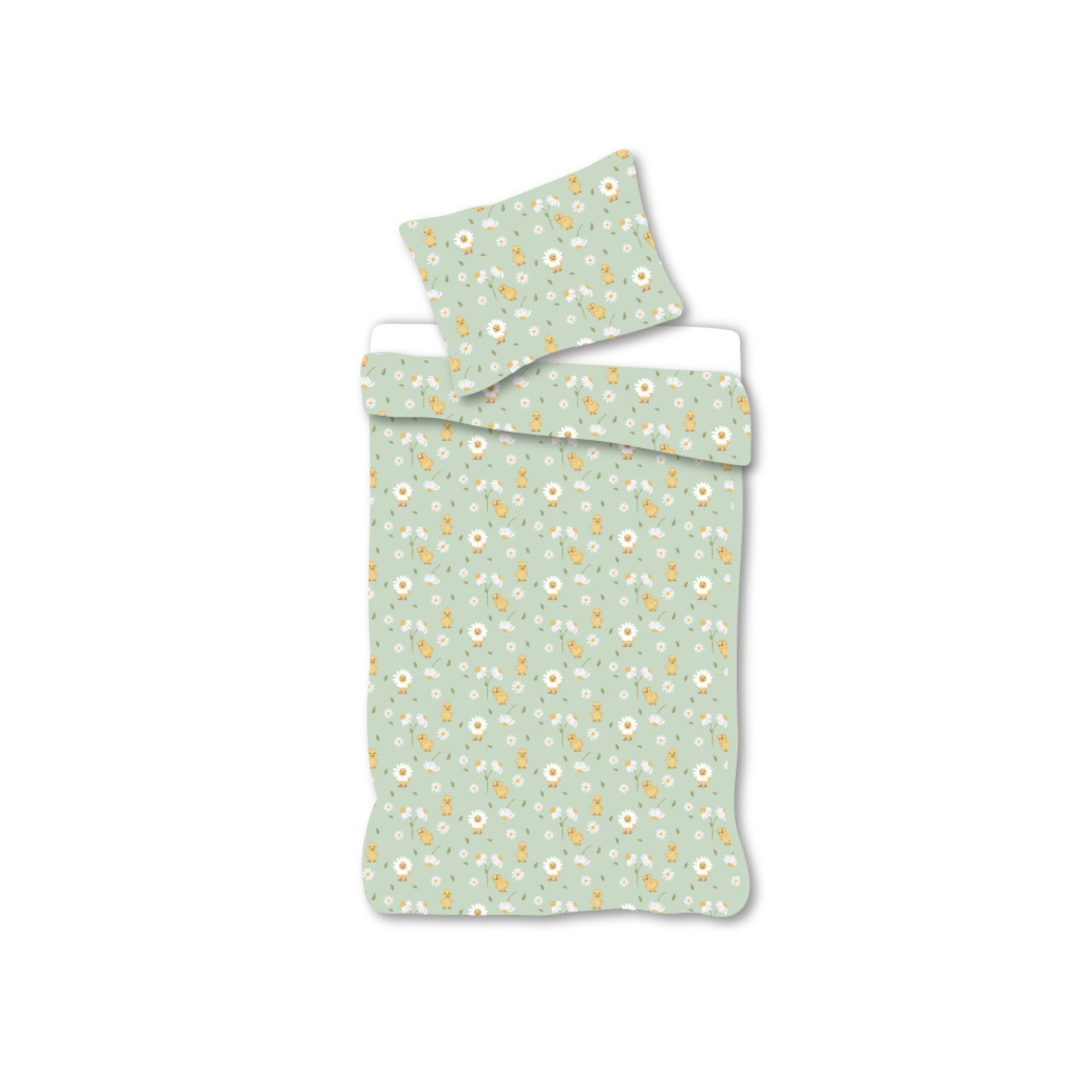 Junior sängkläder 100x140 cm - Blågrönt påslakanset med änder och blommor - 100% mjukt bomullssänglinne