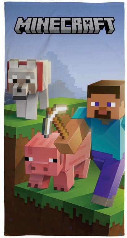 Minecraft handduk - 70x140 cm - 100% bomull - Mjuk badhandduk med Steve, Minecraft varg och gris