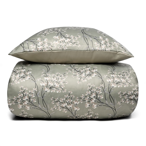 Blommigt sängkläder 140x220 cm - Grönt sängset i vändbar design - Satin sängkläder - IN Style sänglinne