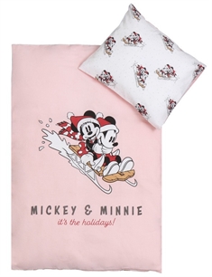Julsängkläder till baby 70x100 cm - Mickey och Minnie - Rosa julmotiv - 100% bomull 