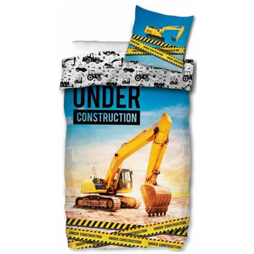 Barnsängkläder - 140x200 cm - Stor gul grävmaskin - Vändbart påslakan med maskiner - 100% bomullssängset