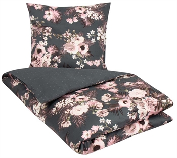 Påslakanset 150x210 cm - Vändbart design i 100% Bomullssatin - Flowers & Dots grågrön - Sängset från By Night