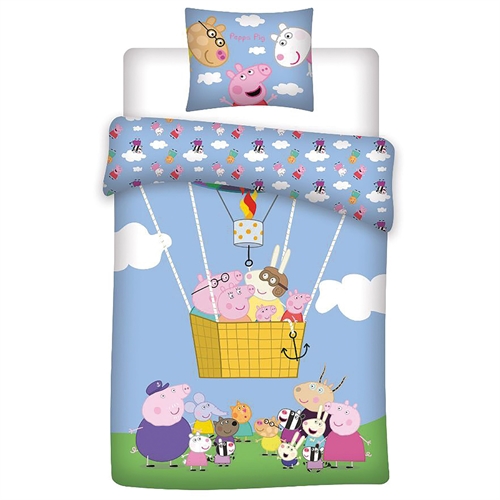 Gurli Gris sengetøy 100x140 cm - Gurli Gris junior sengesett - Flyver i luftballong - 100% myk bomull