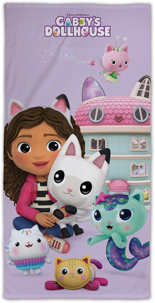 Gabby\'s Dollhouse handduk - 70x140 cm - 100% bomull - Mjuk badhandduk med Gabby, Pandy Paws, Catfish, Cakey Cat, Pillow Cat