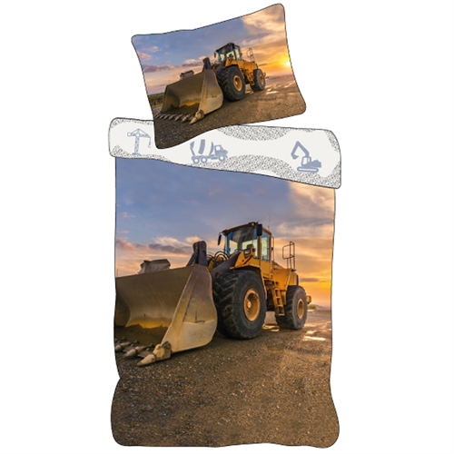 Barnsängkläder 140x200 cm - Vändbart påslakanset med en grävmaskin - 100% mjukt bomullssänglinne