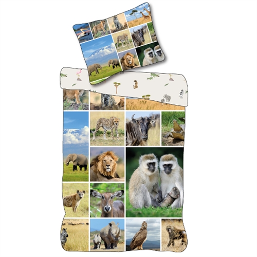 Barnsängkläder 140x200 cm - Vändbart påslakanset med safari djur - 100% mjukt bomullssänglinne