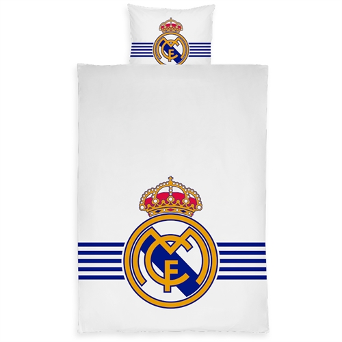 Real Madrid sängkläder - 150x210 cm - Vitt vändbart bäddset med logotyp - 100% bomullssänglinne - Fotbollssängkläder