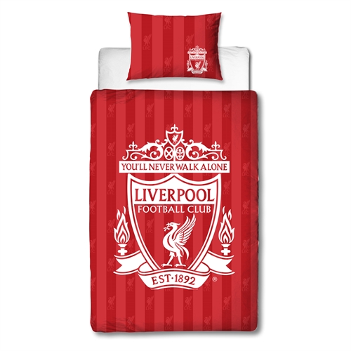 Liverpool sengetøy av flanell - Rødt vendbart sengesett med logo - 140x200 cm - 100% bomulls sengetøy - Fotball sengetøy