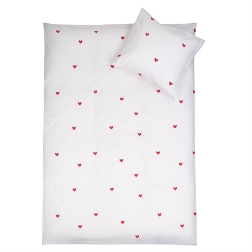 Junior sengetøy 100% bomull - 100x140 cm - Hvitt sengesett med fine røde hjerter - Nordstrand Home mykt dynebetræk