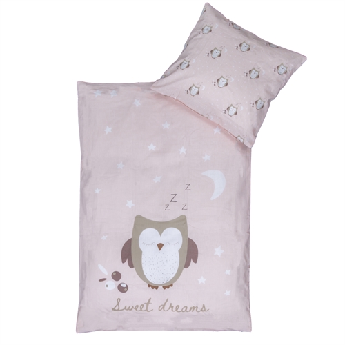 Uggle sengetøy 70x100 cm - Lyserødt babysengetøy med sovende ugle - Vendbart motiv - 100% bomull sengelinned - Nordstrand Home