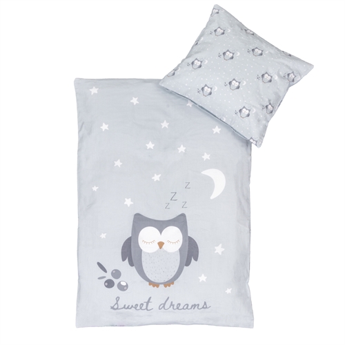 Uggla sengetyg 70x100 cm - Blått babysängset med sovande uggla - Vändbart motiv - 100% bomullssängkläder - Nordstrand Home