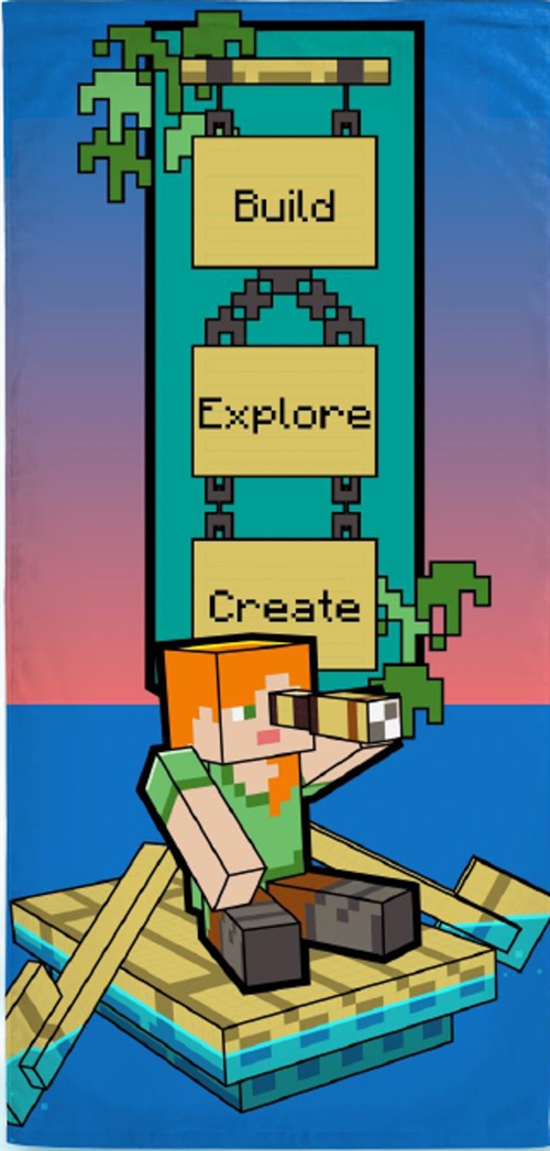 Minecraft handduk - 70x140 cm - Build Explore Create - 100% bomull - Mjuk badhandduk med Alex