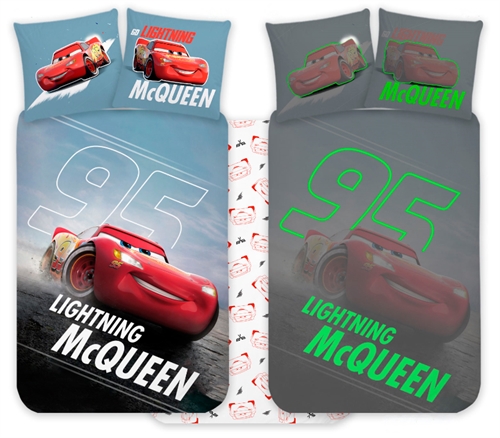 Lynet McQueen sengetøy av flanell - 100% mjukt bomull - Vändbart självlysande juniorsängset - 100x140 cm - Cars sängkläder
