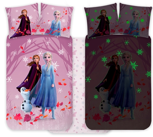 Frost sengetøy av flanell - 100% myk bomull - Vendbart selvlysende junior sengesett - 100x140 cm - Anna og Elsa sengetøy