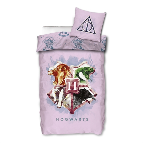 Harry Potter sengetøy av flanell - 140x200 cm - Lyserødt med Hogwarts skjold - Dynebetræk med 2 i 1 design - 100% bomuld