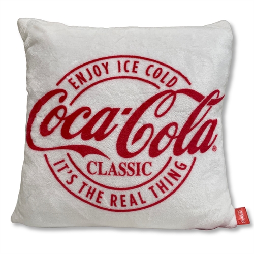 Coca Cola prydnadskudde - 43x43 cm - Mjuk vit fleecekudde