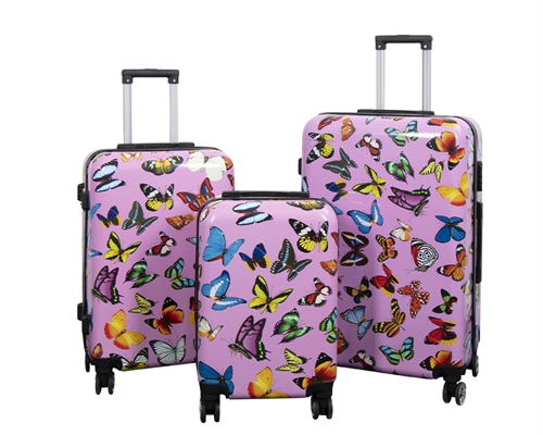 Resväskeset - 3 st - Rosa med fjärilstryck - Hard case resväskeset - Stötsäker polypropylen