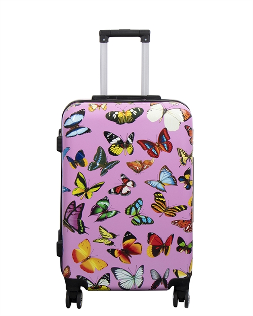 Resväska - Rosa med fjärilstryck - Mellan - Hard case resväska - Lättrullade hjul