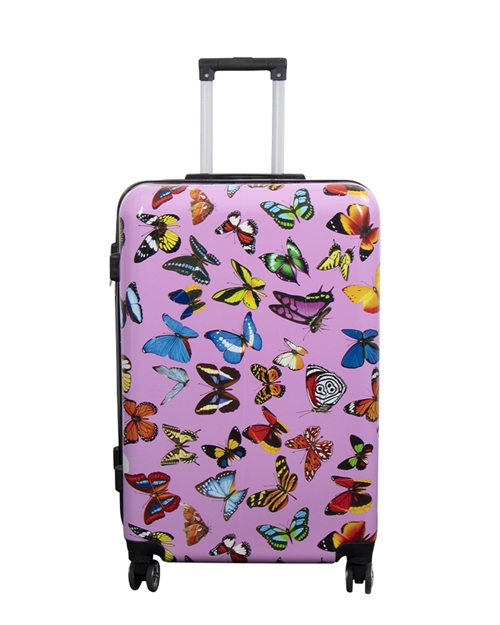Resväska - Rosa med fjärilstryck - Stor hard case resväska - Lättrullade hjul