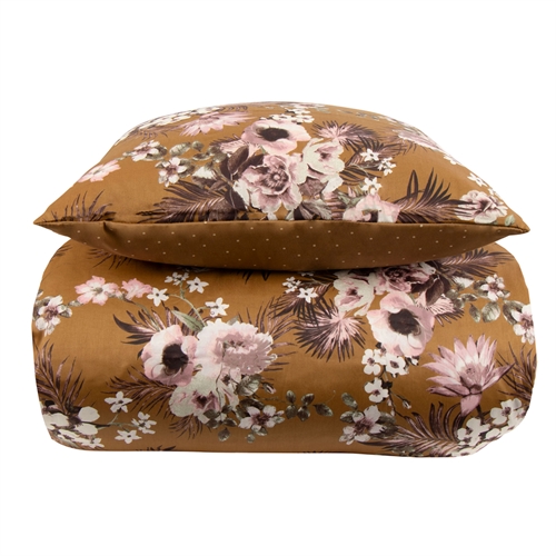 Sängkläder 140x220 cm - Vändbart design i 100% bomullssatin - Flowers & Dots curry - Bäddset från By Night