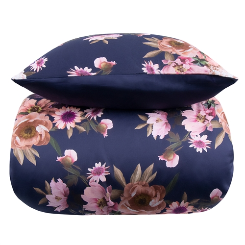 Blommiga sängkläder - 140x200 cm - Dark blue flower - 2 i 1 design - Bäddset i 100% bomullssatin - Excellent By Borg