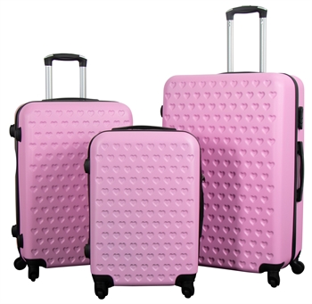 Resväskeset - 3 st. Hardcase koffert erbjudande - Rosa koffert med hjärtan