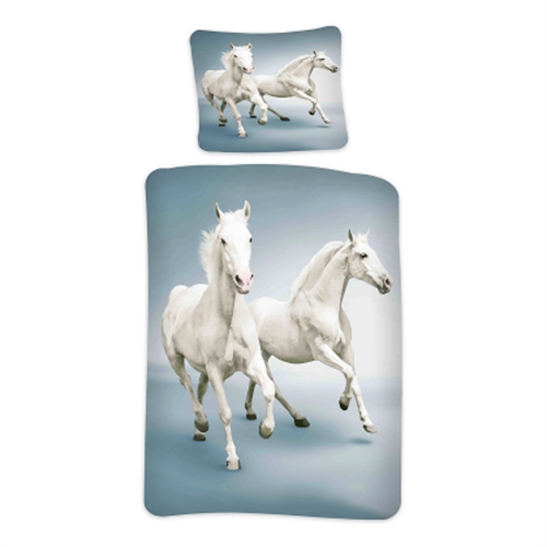 Hästsengetyg - 140x200 cm - Vita galopperande hästar - Vändbart design - Påslakanset i 100% bomull