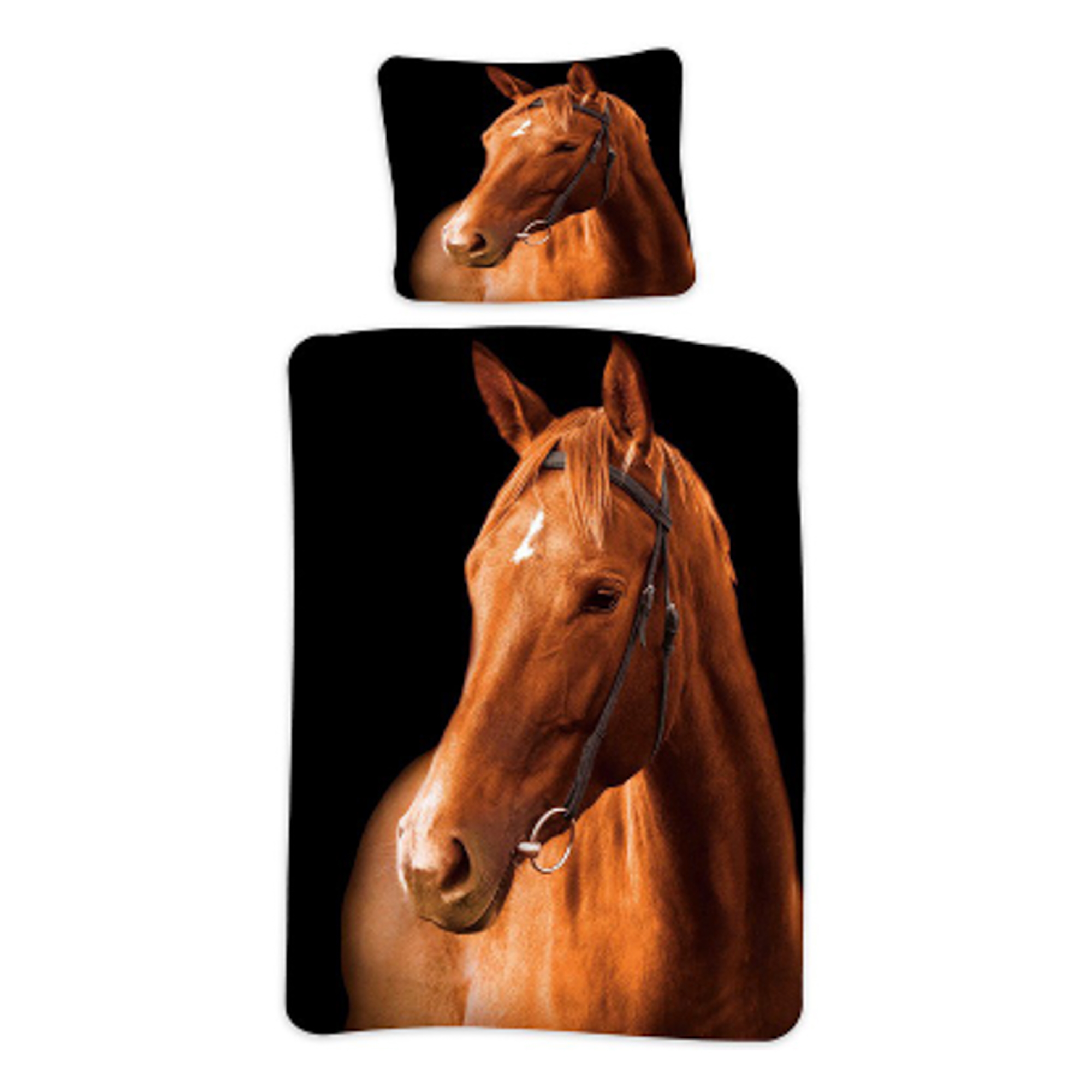 Hästpåslakanset - 100% bomull - Barnpåslakanset 140x200 cm - Brun häst på svart bakgrund
