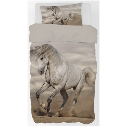 Sängkläder 150x210 cm - Stor vit häst - 2 i 1 design - 100% bomull