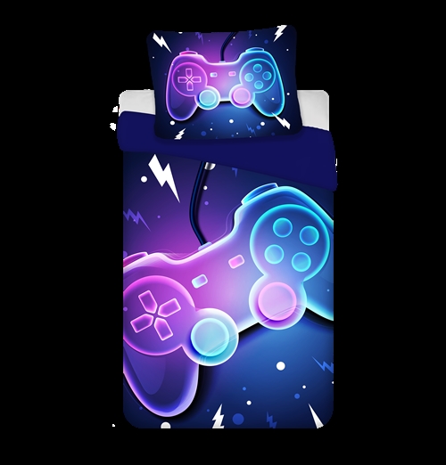Gamer sengetøy 140x200 cm - Blått vendbart sengesett med controller - 100% mykt bomulls sengetøy
