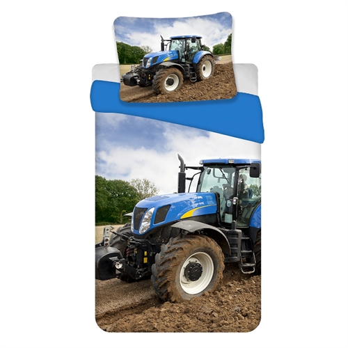 Traktor sengetøy - 140x200 cm - Sengetøy med blå traktor - Vendbart design med blå bakside - 100% bomull barnesengetøy
