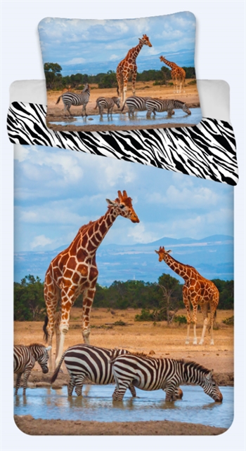 Påslakanset - 140x200cm - Vändbart - Giraff och zebra - 100% bomull 