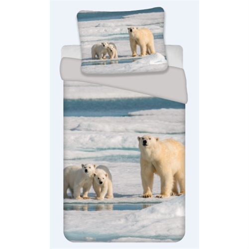 Sengetøy 140x200 cm - Barne sengetøy med motiv av isbjørnfamilie - Vendbart dynebetræk - 100% bomull sengesett