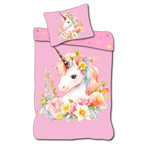 Enhörning sengetøy 140x200 cm - Vändbart påslakanset med fin enhörning och vackra blommor - 100% mjukt bomullssänglinne