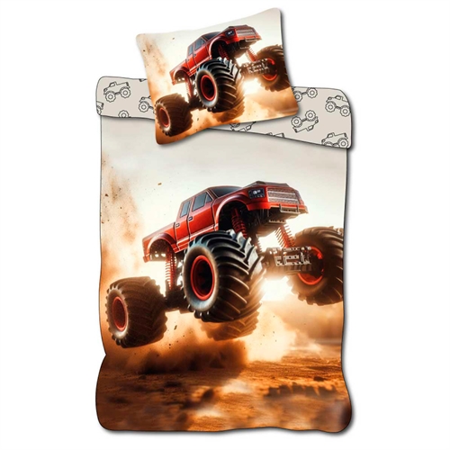 Barnsängkläder 140x200 cm - Vändbart påslakan med en monstertruck - 100% mjukt bomullssengetøy