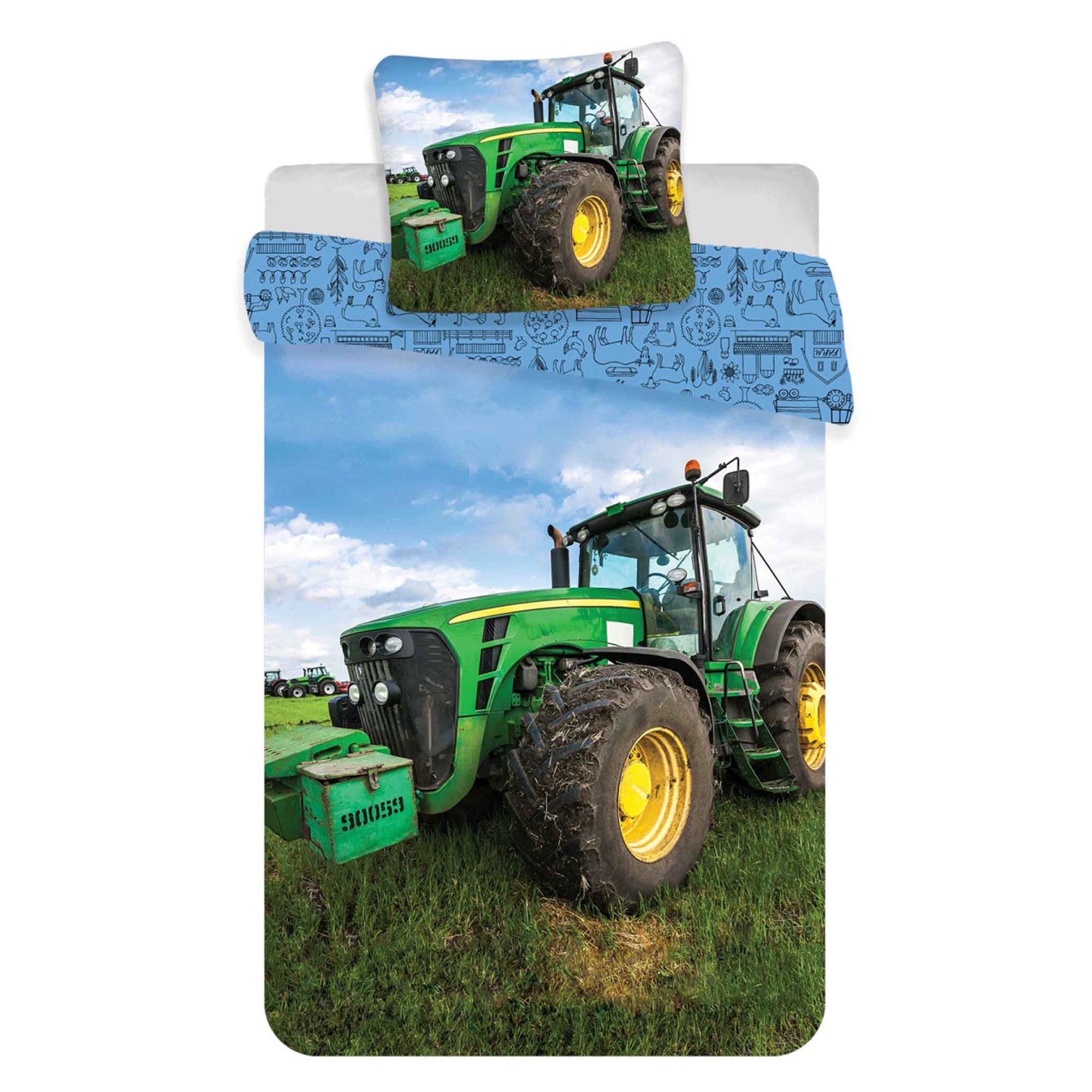 Traktor sängkläder - 100% bomull - Barnsängset 140x200 cm - Grön traktor - Ikoner på baksidan