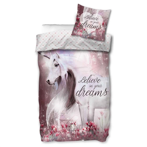 Sengetøy av flanell - 140x200 cm - Believe in your dreams - Vendbart design med unicorn dynebetræk - 100% bomulds sengesæt