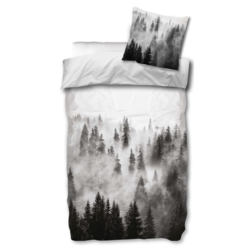 Sengetøy 140x200 cm - Sengetøy med trelandskap - Naturmotiv - 100% bomull - Sort og hvitt sengesett