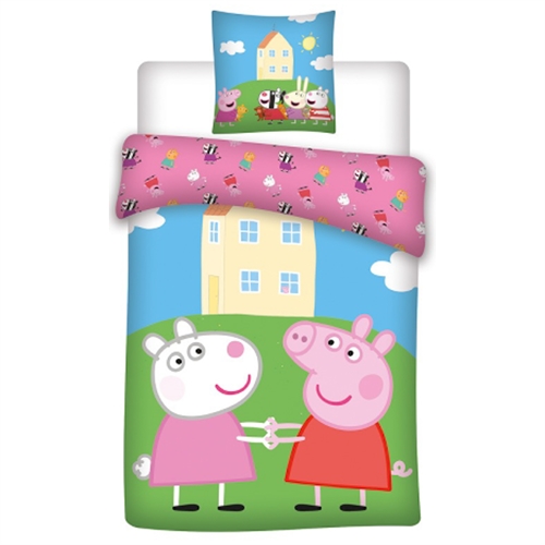 Gurli Gris Sengetøy av flanell - 140x200 cm - Gurli Gris og Frida Får sengesett - 2 i 1 design - 100% bomull