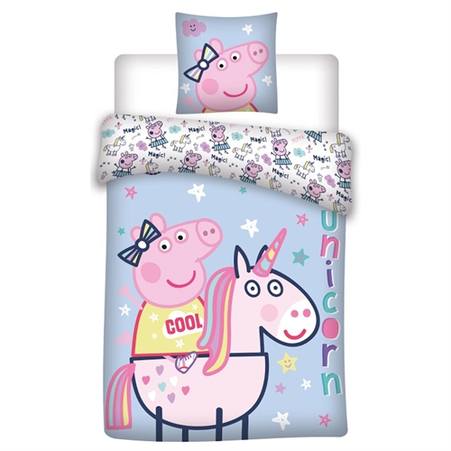 Gurli Gris sengetøy - 140x200 cm - Gurli Gris på enhjørning sengesett - 2 i 1 design - Sengetøy i 100% bomull