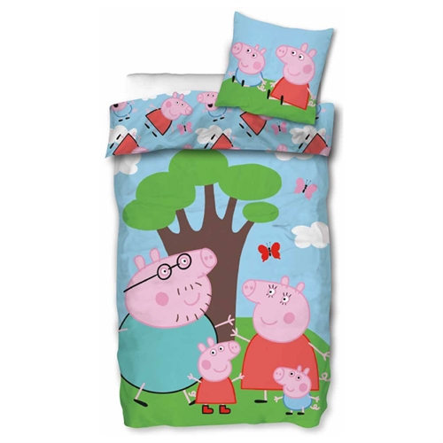 Gurli Gris sengetøy - 140x200 cm - Familien Gris under trädet - Vändbart påslakan med Gustav Gris, Far Gris, Mor Gris och Gurli Gris - 100% bomulls sängset