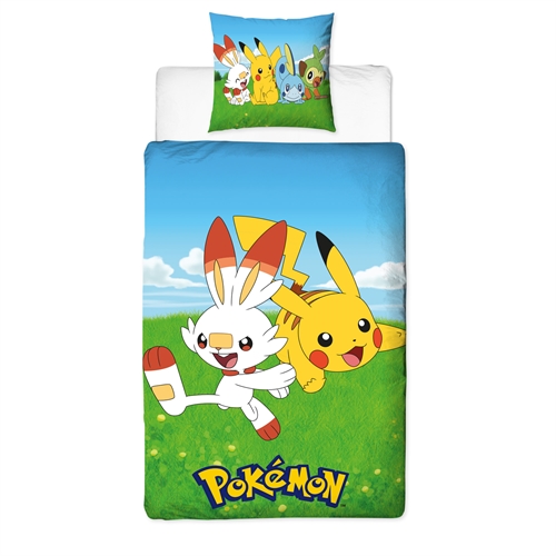Pokemon sengetøy av flanell - 140x200 cm - Pikachu och Scorbunny - Vändbart påslakanset - Påslakan i 100% bomull