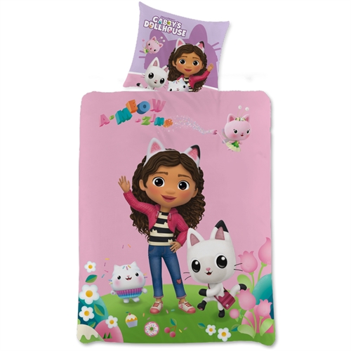 Gabby\'s Dollhouse sängkläder - 150x210 cm - Gabby och Pandy Paws - 2 i 1 design - Täcke i 100% bomull